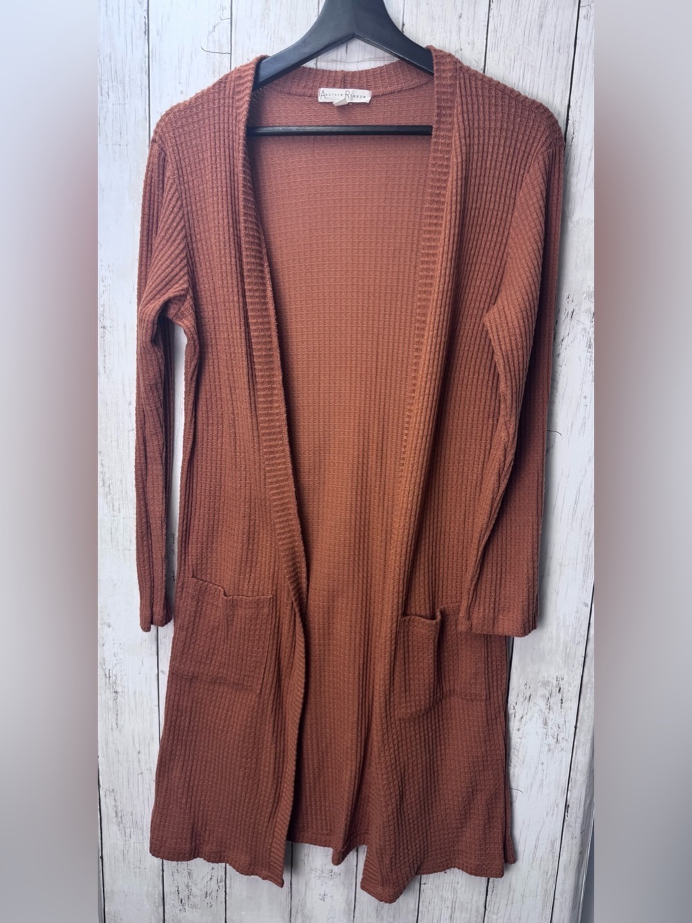 Long Open-Front Waffle Knit Cardigan Sweater - Rust size Small